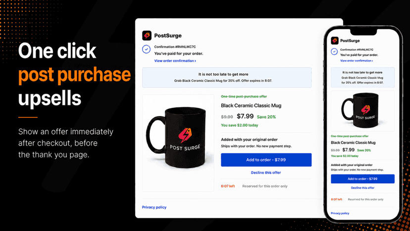 Post purchase upsell offer on desktop and mobile