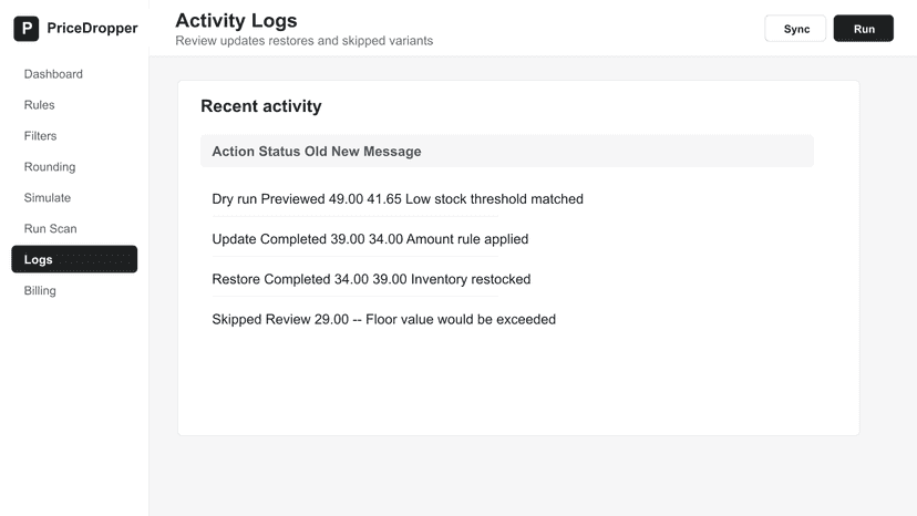 Activity log showing recent app updates