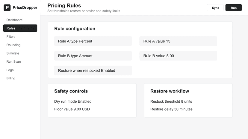 Pricing rules screen with dry-run controls