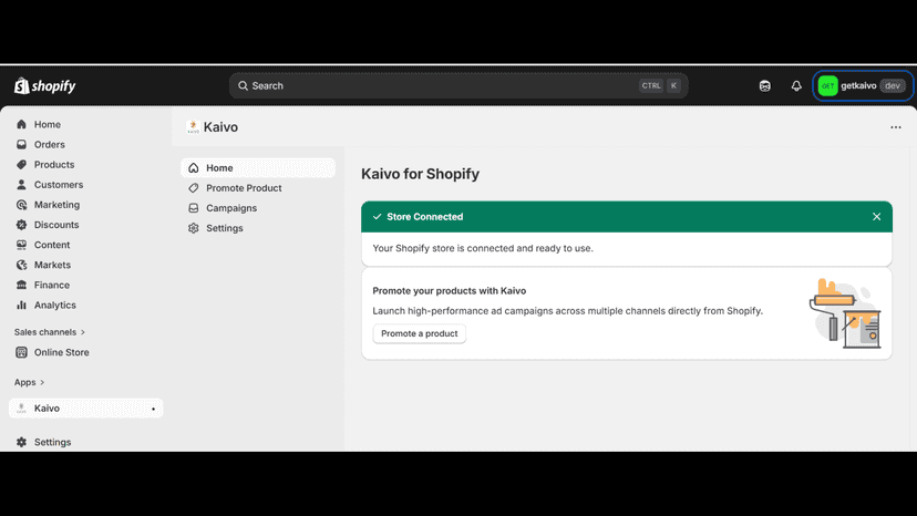 Kaivo app connected to Shopify store ready for product promotion
