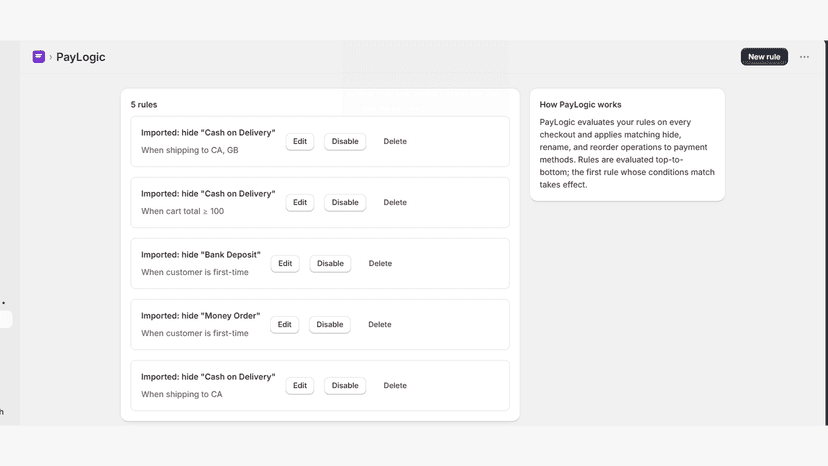 PayLogic dashboard with active payment rules