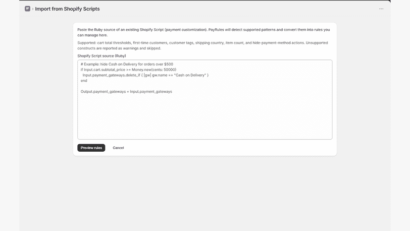 One-click Shopify Scripts importer
