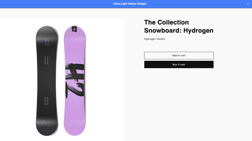 Shopify storefront preview with Ultra-Light Notice Widget.