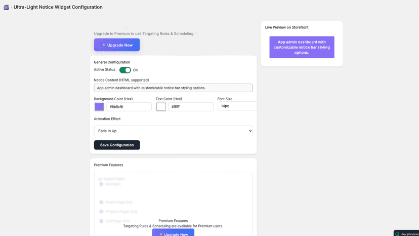 App admin dashboard with customizable notice bar styling options