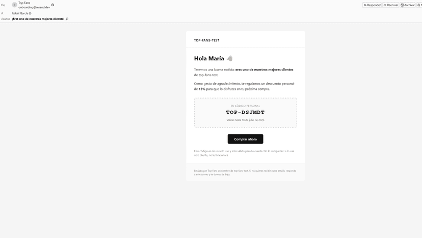 Personalized thank-you email with a unique discount code for a t