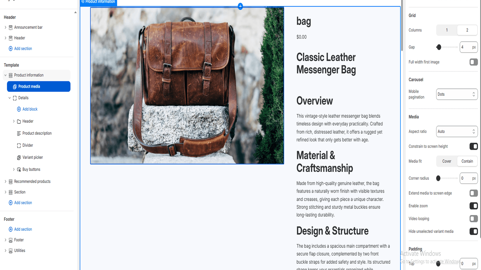 Customize product description layout from the theme editor.