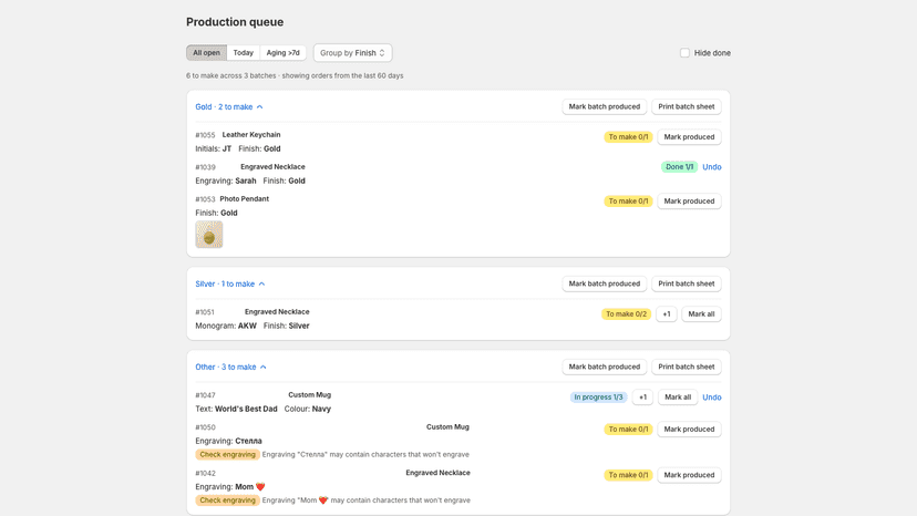 Orders re-batched by property — all Gold grouped across products