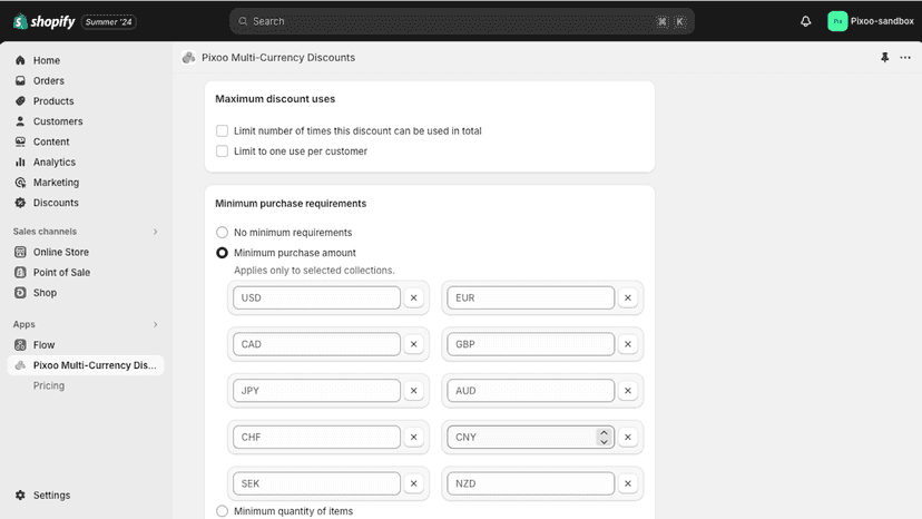 Screenshot showing multi-currency minimum requirements
