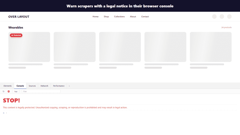Browser console showing legal notice in the browser when opened