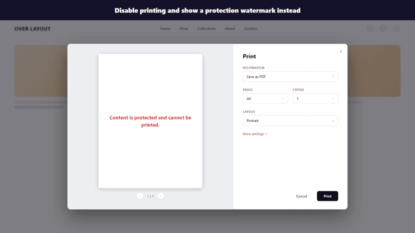 Disable printing and showing a protection watermark instead