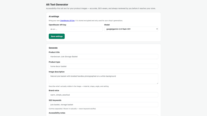 Product image context inputs in Excelsior Alt Text