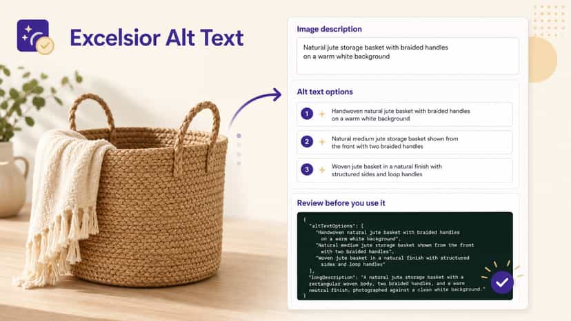 Woven basket photo with three generated alt-text options