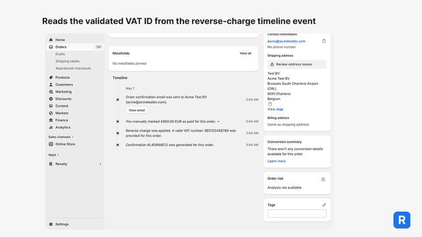 Order timeline event showing the validated VAT ID Revatly reads.