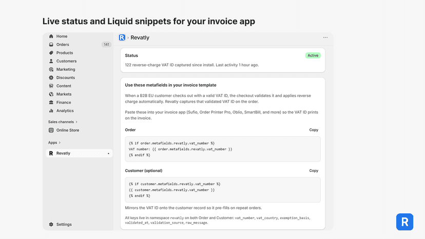 Revatly home page: Active status and Liquid snippets to copy.