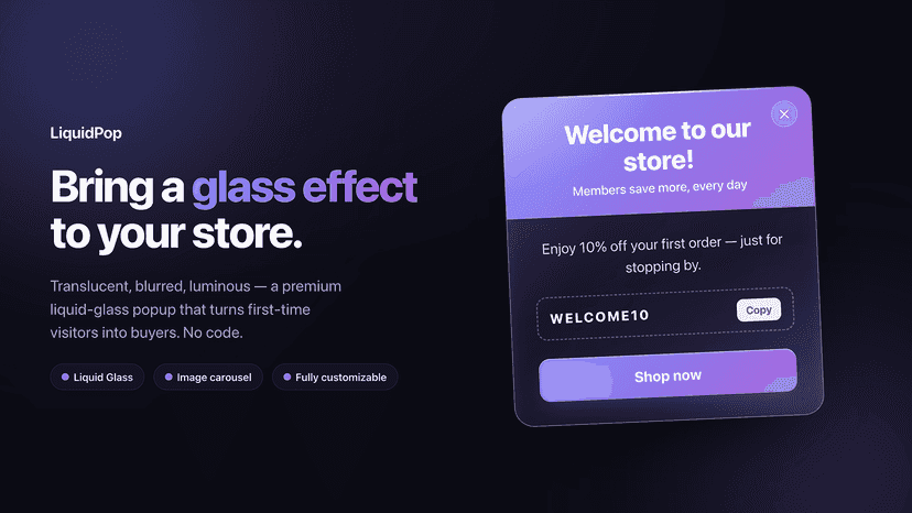 Glassmorphism popup with promo code and Shop now button