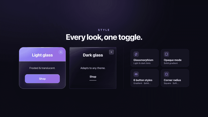 Light and dark glass popup style comparison with settings
