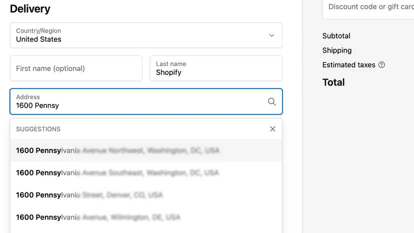 Address suggestions shown to customer