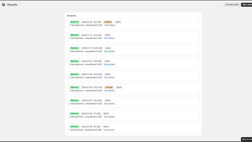 Payout list showing which deposits reconcile and which do not