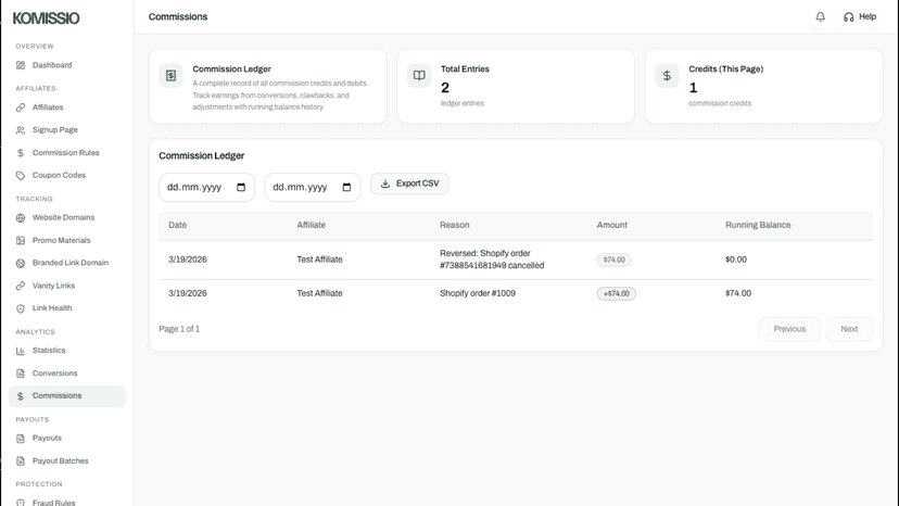 Commission tracking with automatic Shopify order attribution