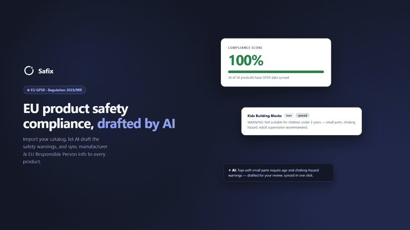 Safix dashboard showing 100% GPSR compliance score and AI-drafte