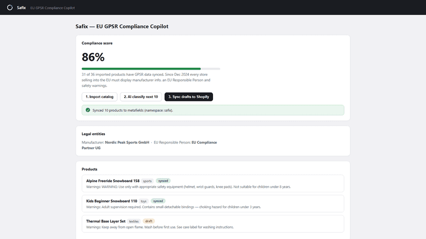 Compliance score dashboard with one-click GPSR sync