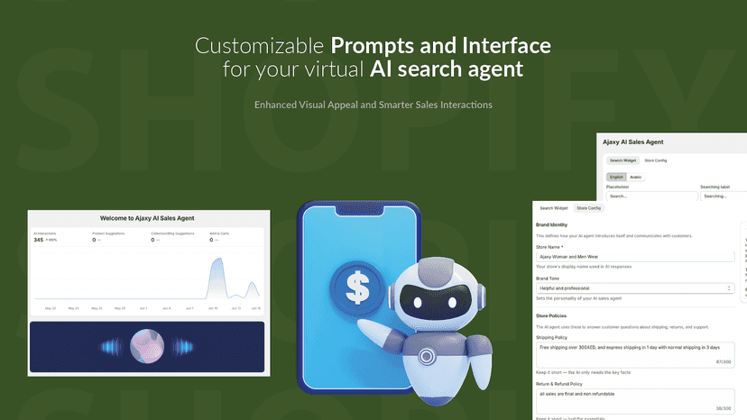 AI agent customization settings and analytics dashboard.