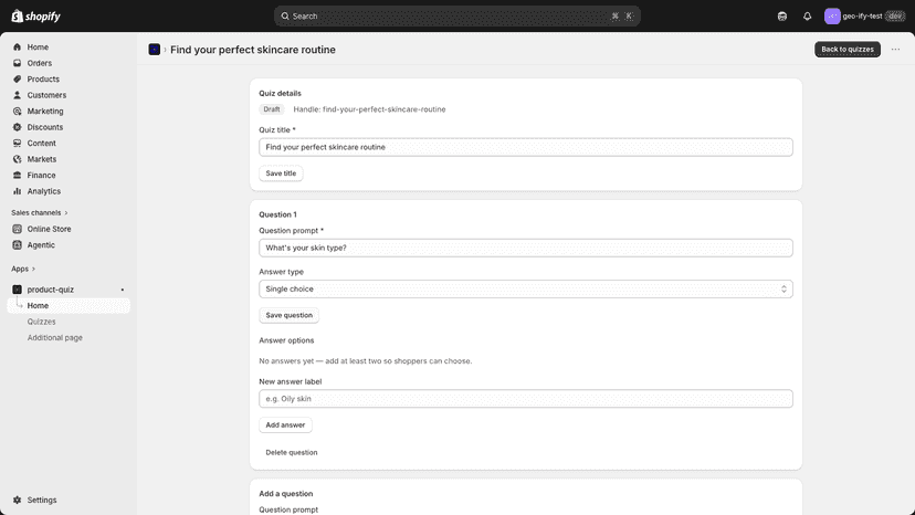 Quiz builder with draft quiz title and Add a question form