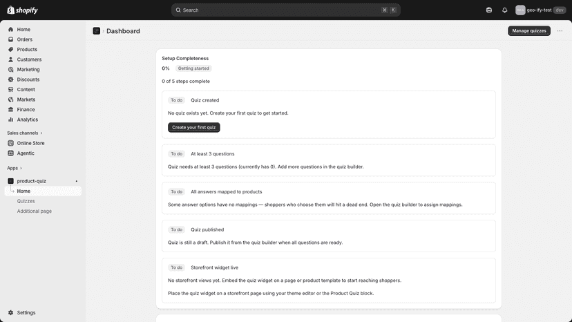 Embedded admin dashboard showing Setup Completeness, Impact metr