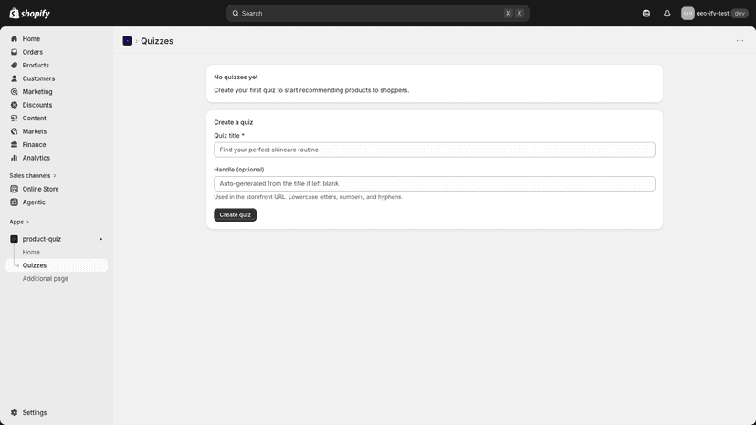 Quizzes management page in the Product Quiz Shopify app showing