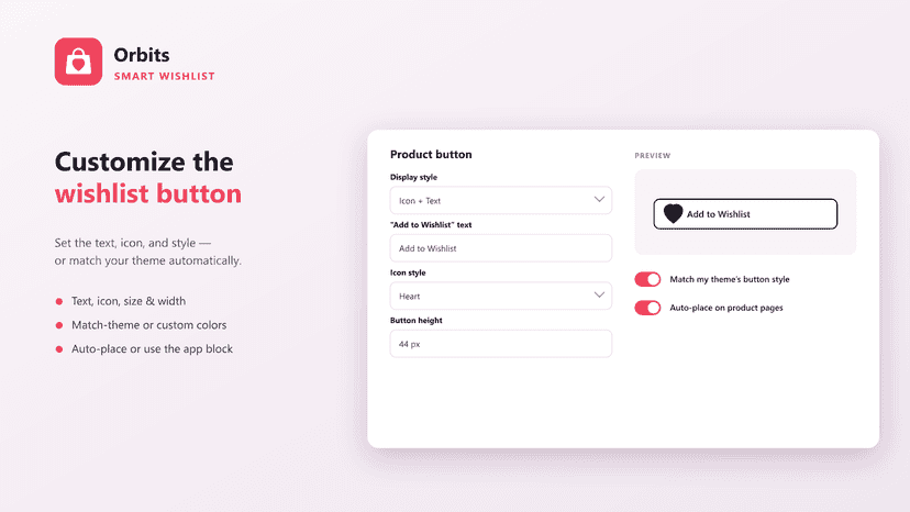 Product button settings with text, icon, and preview