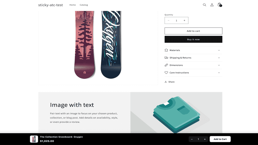 Shopify product page showing snowboard with sticky Add to Cart b
