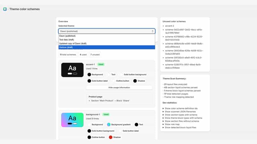 List of used and unused schemes with theme selector