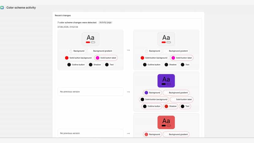 History of color changes per theme (activity log)