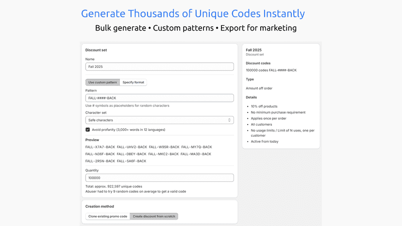 Bulk discount code generator interface showing custom patterns
