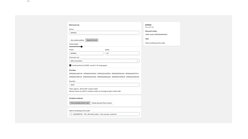 Code pattern settings with prefix, suffix and preview