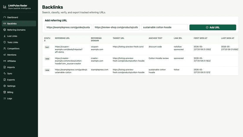 Backlinks list and link status.