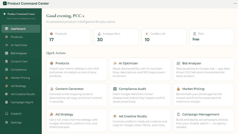 Dashboard showing all AI tools and quick-action cards