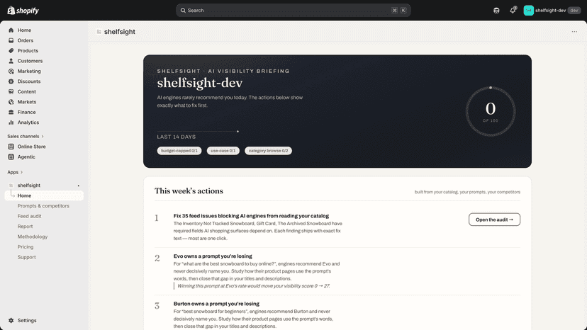 ShelfSight dashboard: AI visibility score and quantified actions
