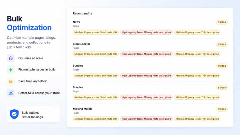 Bulk SEO optimization of products, pages, collection