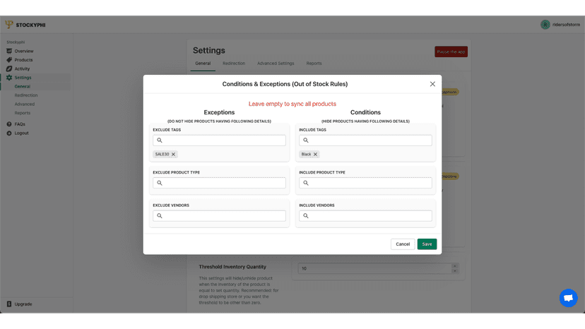 Conditions & Exception | Publish | Redirect | Hide Sold out