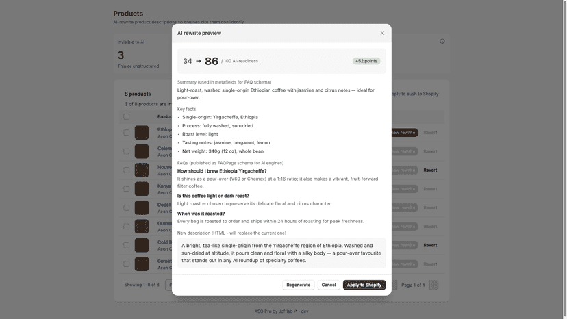 AI rewrite preview with summary, FAQs and new description
