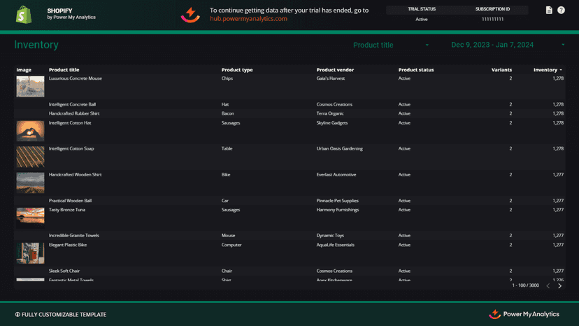 The inventory page of Power My Analytics' Shopify template.