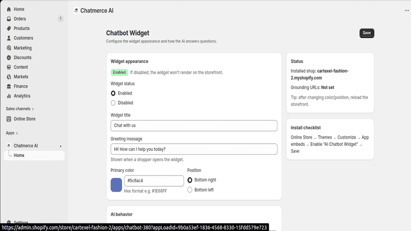Chatmerce AI widget appearance settings