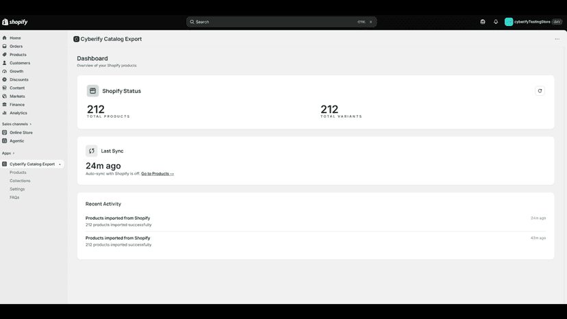 Dashboard with sync status and recent activity