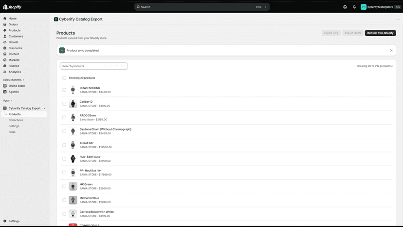 Export selected products to CSV or JSON with one click