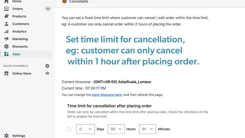 Set order cancellation time limit, eg: within 1 hour of placing