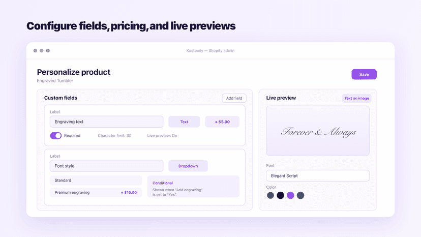Kustomly — Configure fields, pricing, and live previews