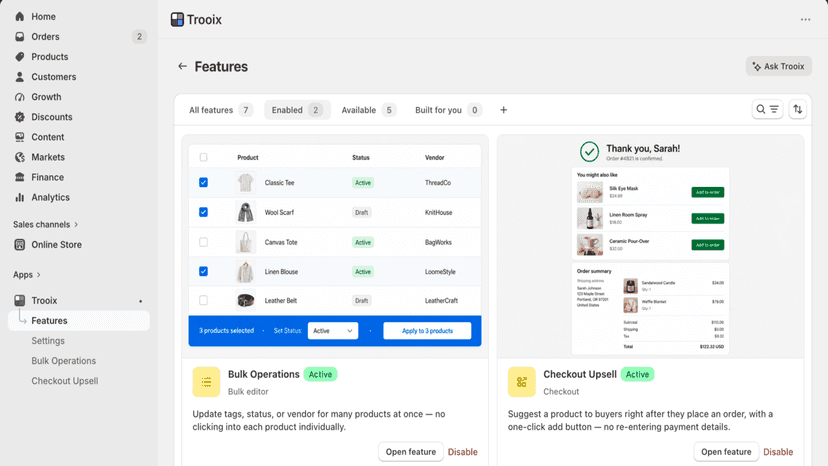 Features page — Bulk Operations and Checkout Upsell enabled