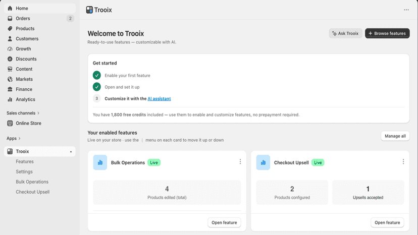 Trooix dashboard — Bulk Operations and Checkout Upsell live