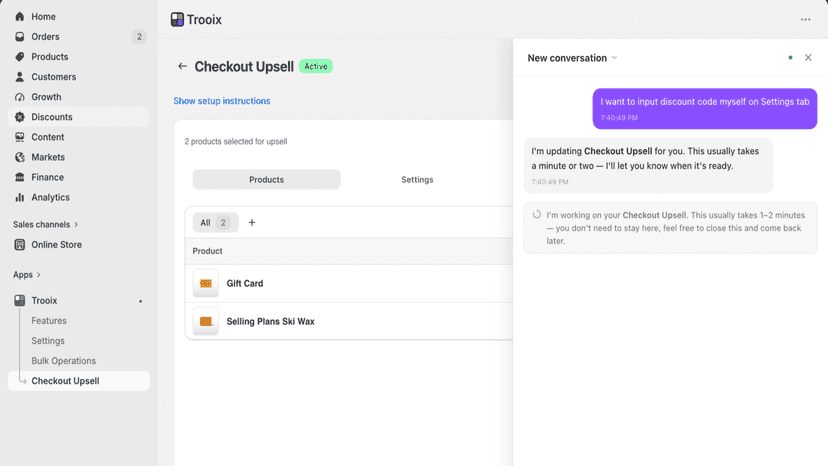 Trooix AI assistant adjusting Checkout Upsell in plain English